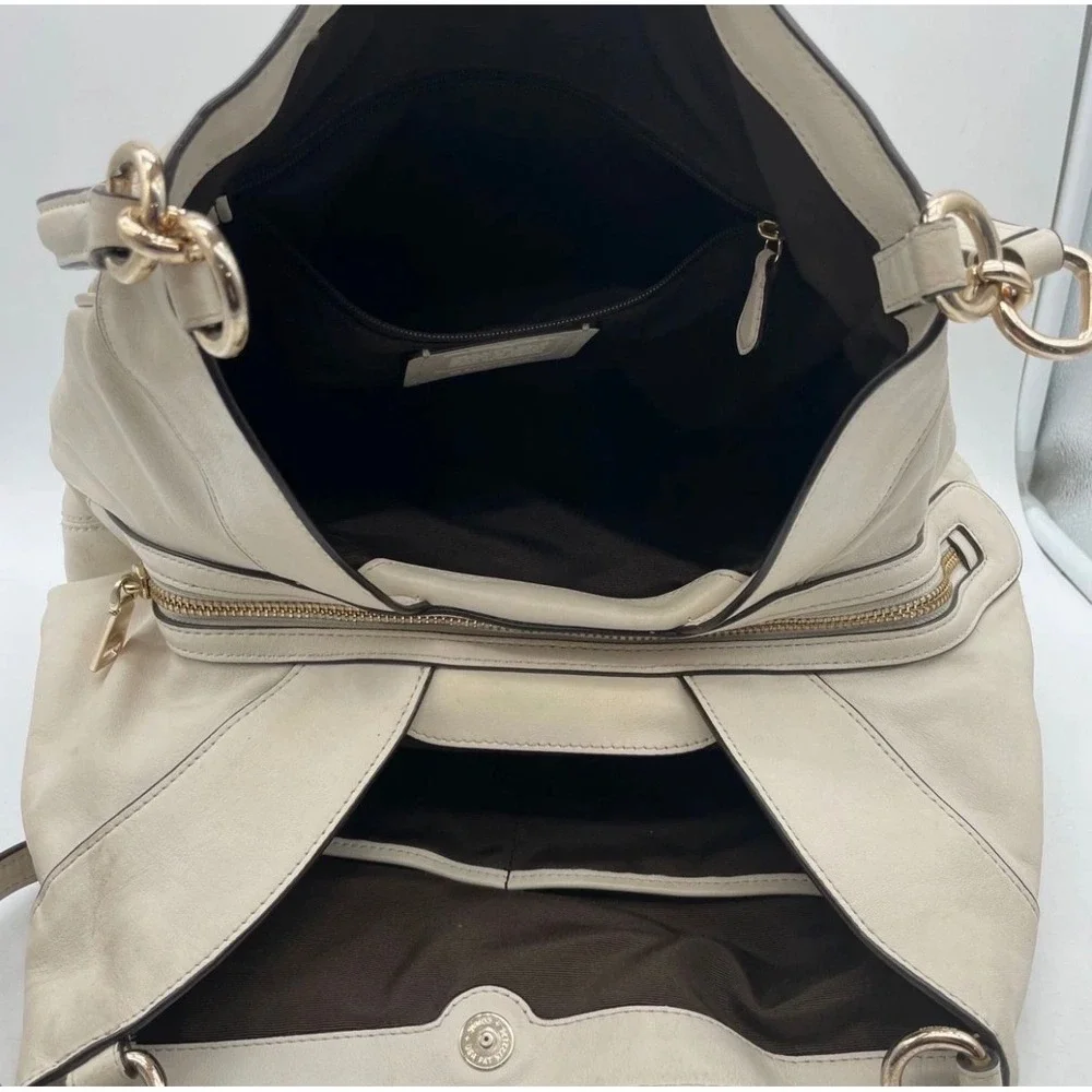 Coach Signature Jacquard Leather Hobo Bag Cream Beige Gold Hardware